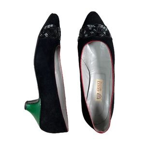 Gucci Suede Black Red Green Embellished Kitten Heels Sz 4